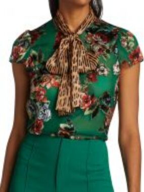 Alice + Olivia Jeannie Tie Neck Leopard & Floral Blouse Small